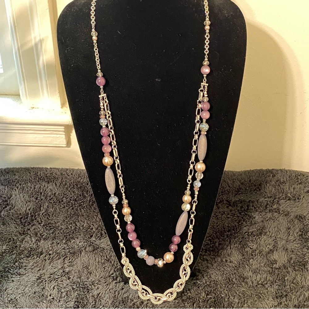 Chico's Double Tiered Wood Rope and Glass Beaded Necklace